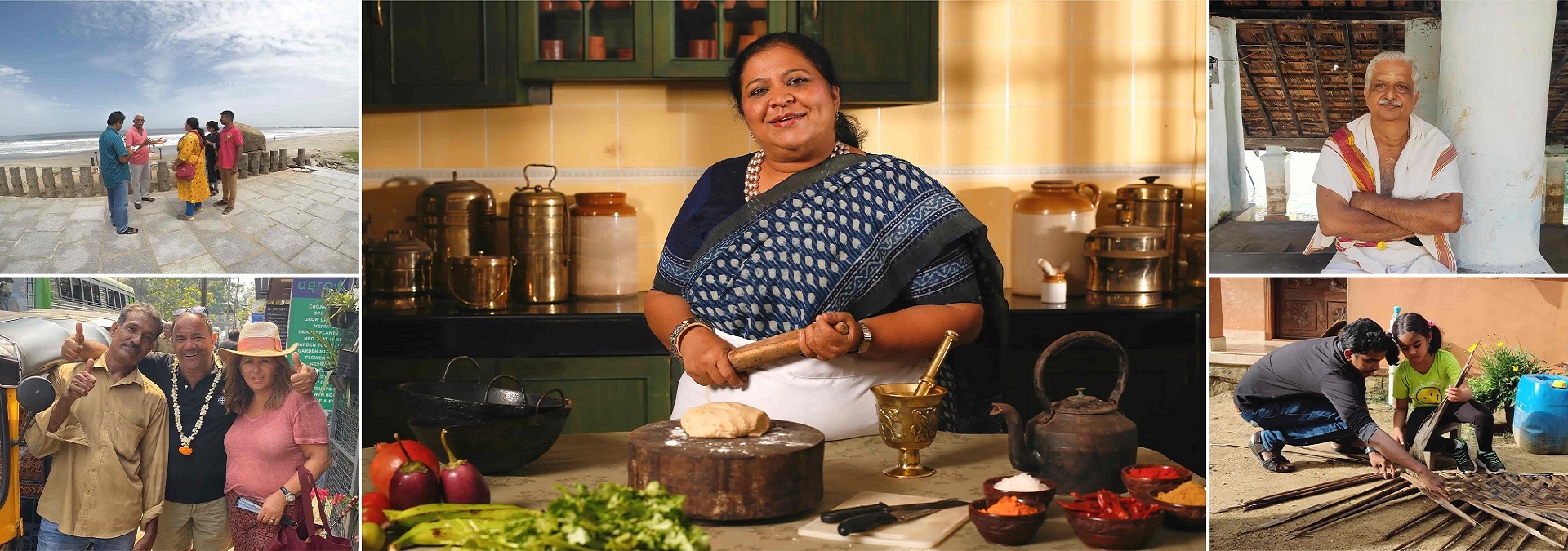 A vibrant collage capturing immersive cultural experiences, including heritage walks, traditional cooking, and interactions with local artisans and communities. Showcasing authentic travel that connects visitors with rich traditions, people, and stories, while promoting responsible and experiential tourism.